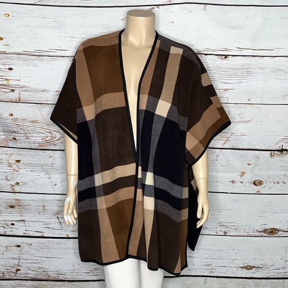 Denim & Co. Size 2X/3X Plaid - Black Reversible Fleece Cover-Up Poncho Blanket - Picture 1 of 5